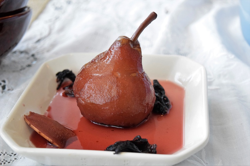 Pears Poached in Hibiscus (Zobo), Lemongrass & Pink Peppercorns