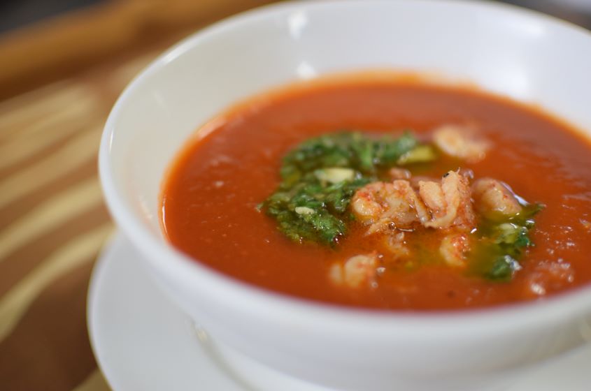 Crayfish Tomato Soup with a Herb Forest